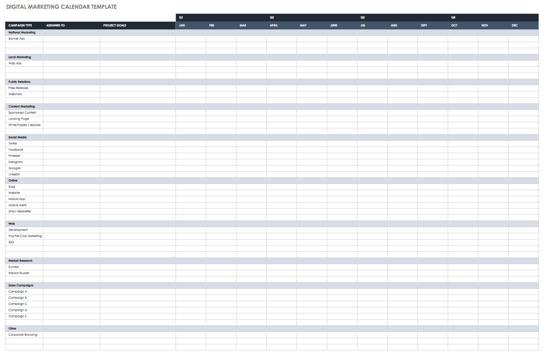 Digital Marketing Calendar Template